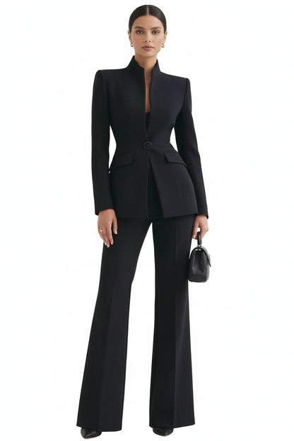 Women's Blazer and Palazzo Trousers Suit Set with Stand Collar and Single Button
