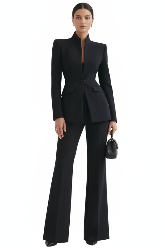 Women's Blazer and Palazzo Trousers Suit Set with Stand Collar and Single Button