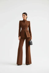 Women's Blazer and Palazzo Trousers Suit Set with Stand Collar and Single Button