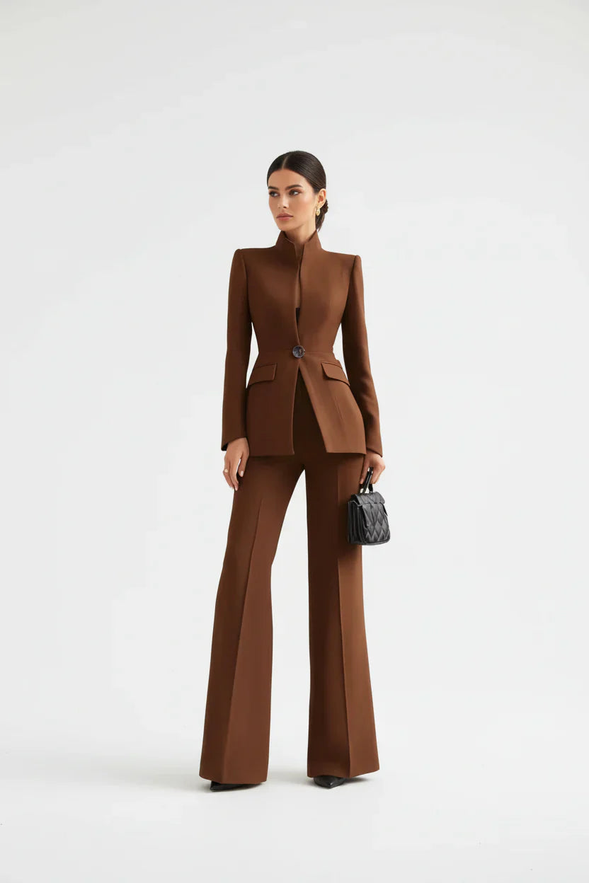 Women's Blazer and Palazzo Trousers Suit Set with Stand Collar and Single Button