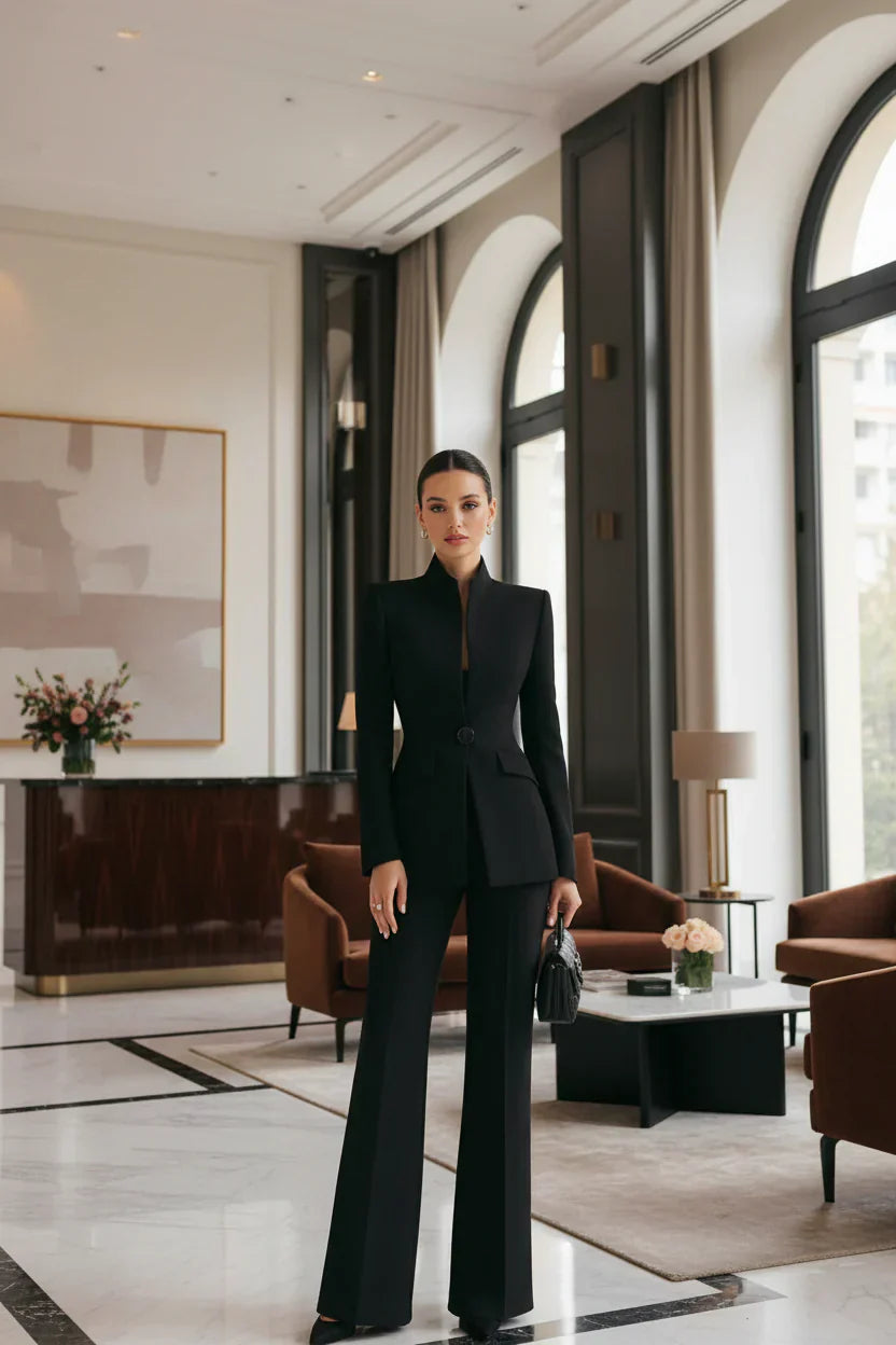 Women's Blazer and Palazzo Trousers Suit Set with Stand Collar and Single Button