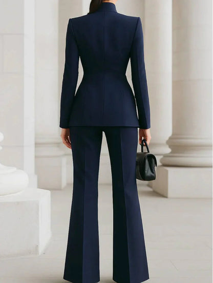 Women's Blazer and Palazzo Trousers Suit Set with Stand Collar and Single Button