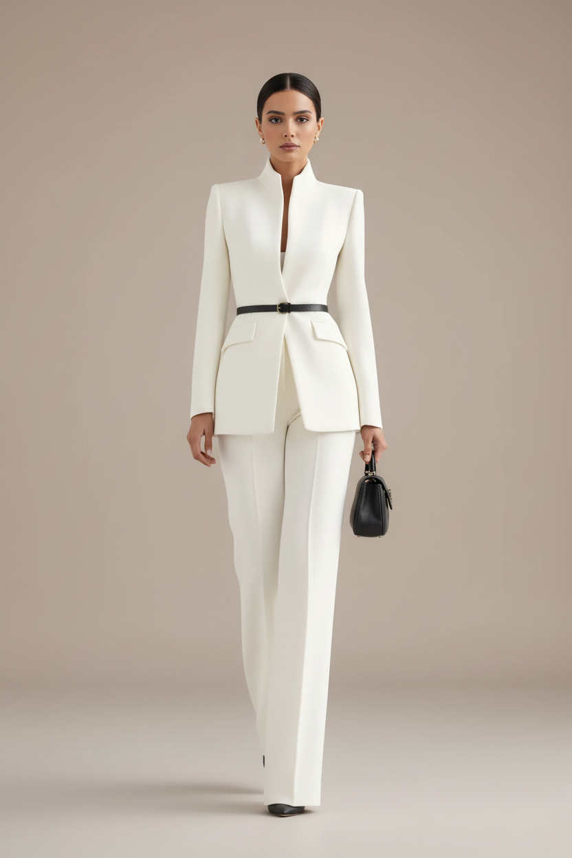 Women's Blazer and Palazzo Trousers Suit Set with Stand Collar and Single Button