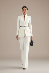 Women's Blazer and Palazzo Trousers Suit Set with Stand Collar and Single Button
