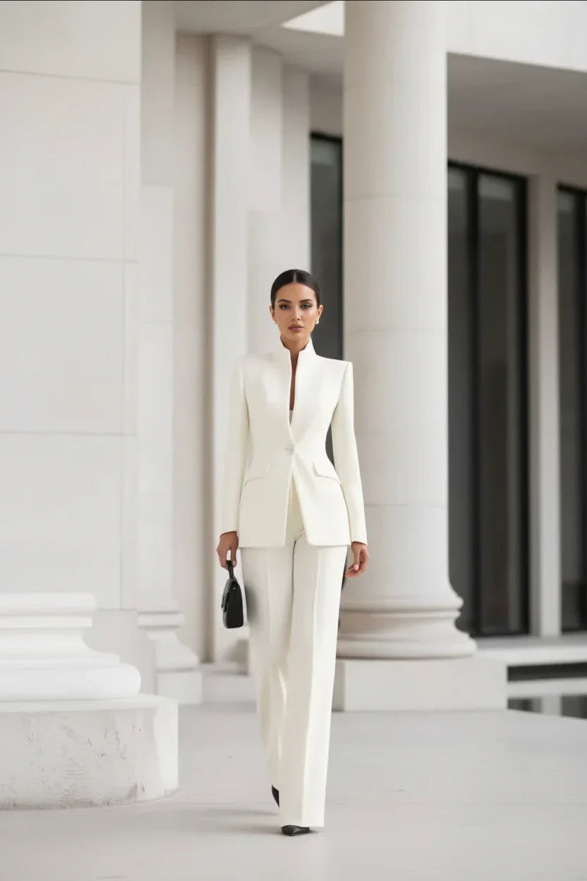 Women's Blazer and Palazzo Trousers Suit Set with Stand Collar and Single Button
