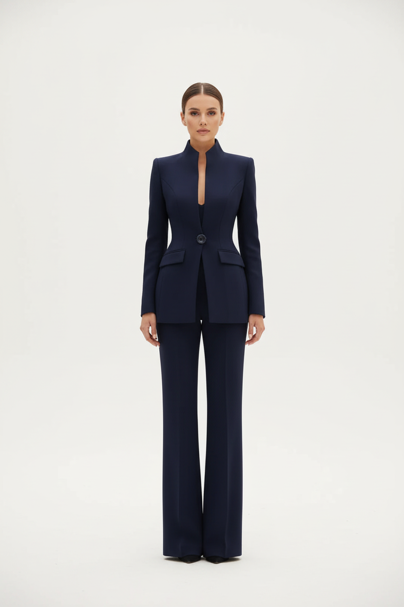 Women's Blazer and Palazzo Trousers Suit Set with Stand Collar and Single Button