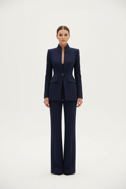 Women's Blazer and Palazzo Trousers Suit Set with Stand Collar and Single Button
