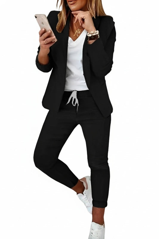 Women's Blazer and Trouser Set with Long Sleeves and Drawstring Waist