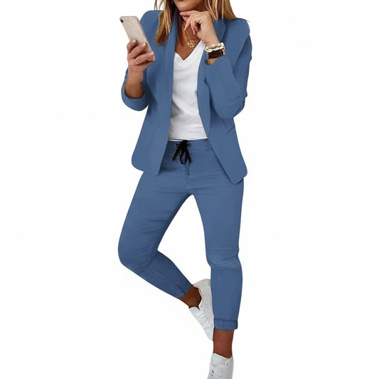 Women's Blazer and Trouser Set with Long Sleeves and Drawstring Waist