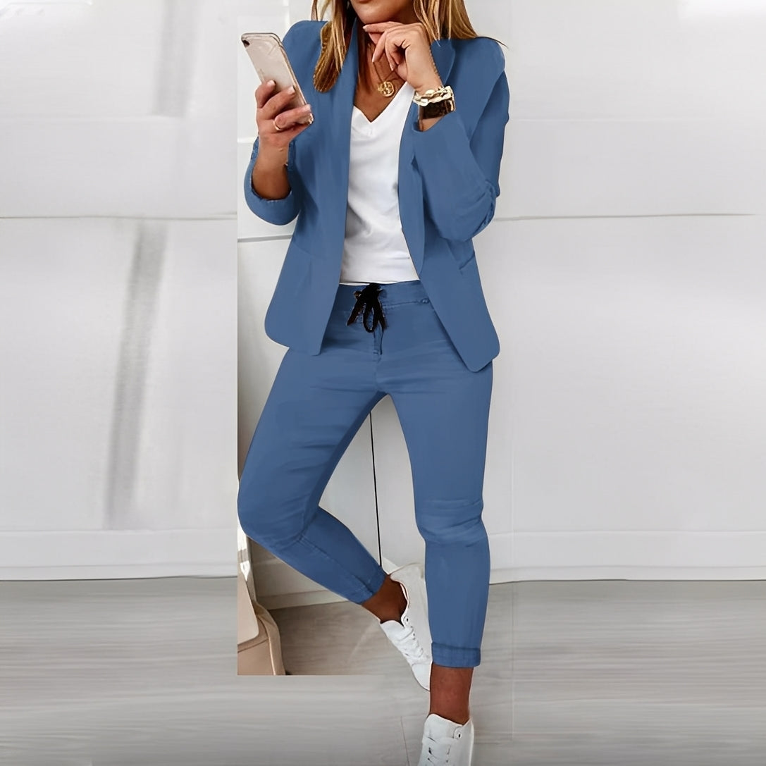 Women's Blazer and Trouser Set with Long Sleeves and Drawstring Waist