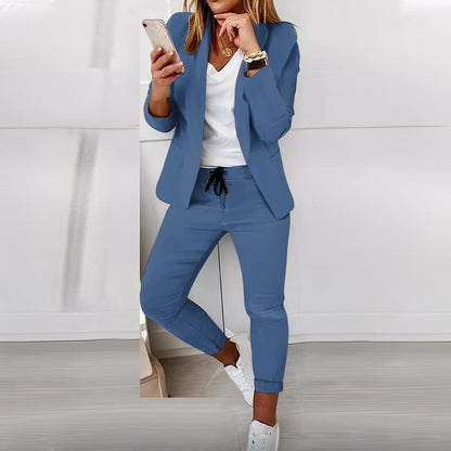 Women's Blazer and Trouser Set with Long Sleeves and Drawstring Waist