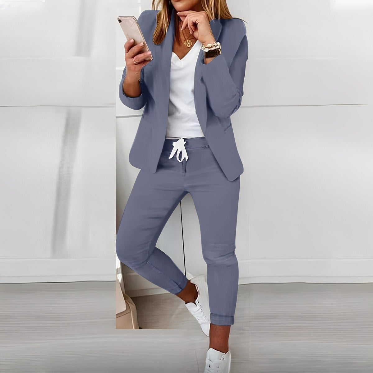 Women's Blazer and Trouser Set with Long Sleeves and Drawstring Waist