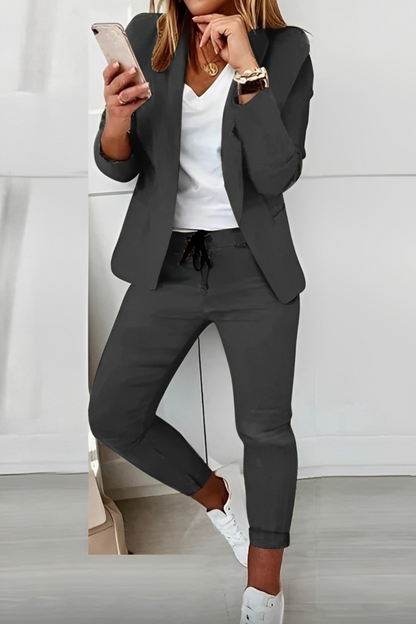 Women's Blazer and Trouser Set with Long Sleeves and Drawstring Waist