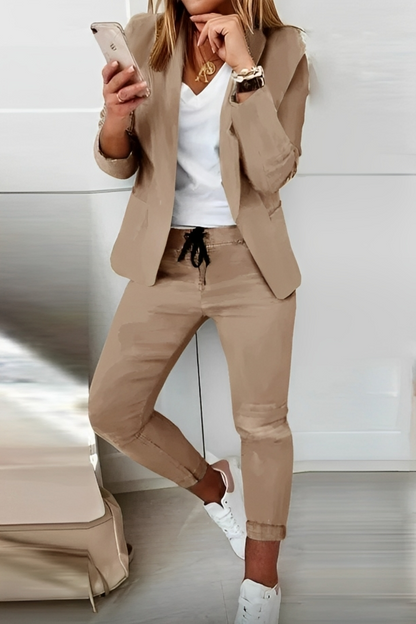 Women's Blazer and Trouser Set with Long Sleeves and Drawstring Waist