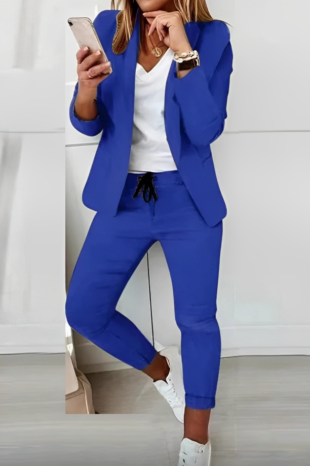 Women's Blazer and Trouser Set with Long Sleeves and Drawstring Waist
