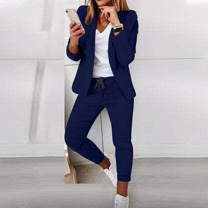 Women's Blazer and Trouser Set with Long Sleeves and Drawstring Waist