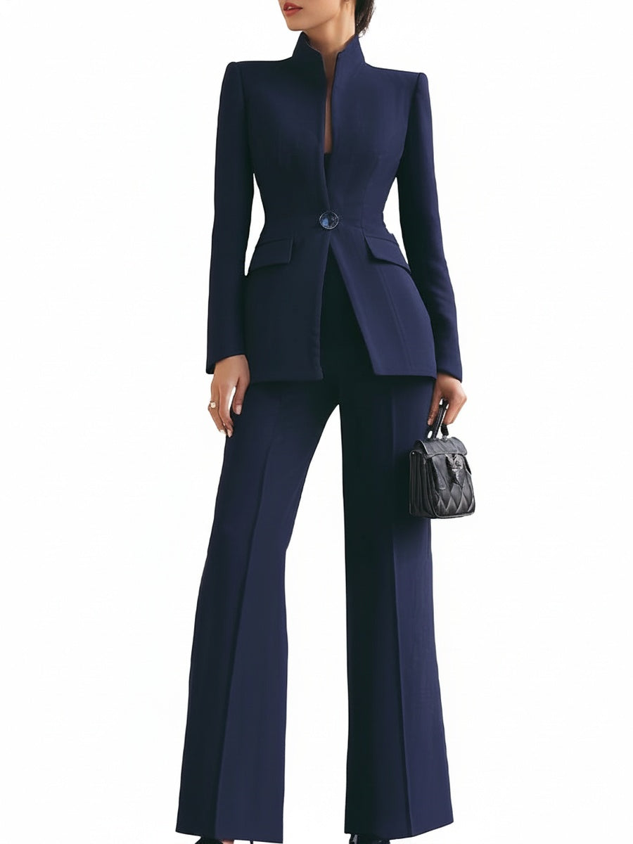 Women's Blazer and Wide-Leg Pants Suit Set with Stand Collar and Single Button