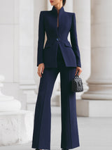 Women's Blazer and Wide-Leg Pants Suit Set with Stand Collar and Single Button