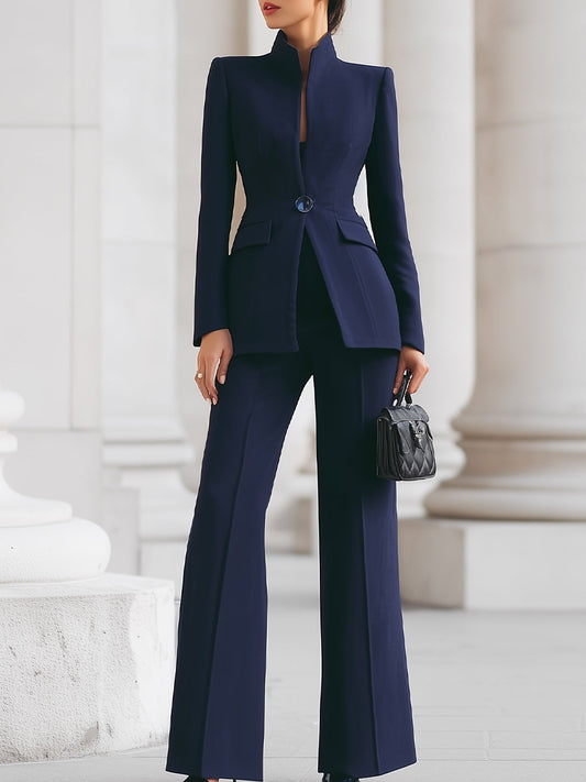 Women's Blazer and Wide-Leg Pants Suit Set with Stand Collar and Single Button