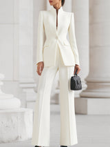 Women's Blazer and Wide-Leg Pants Suit Set with Stand Collar and Single Button