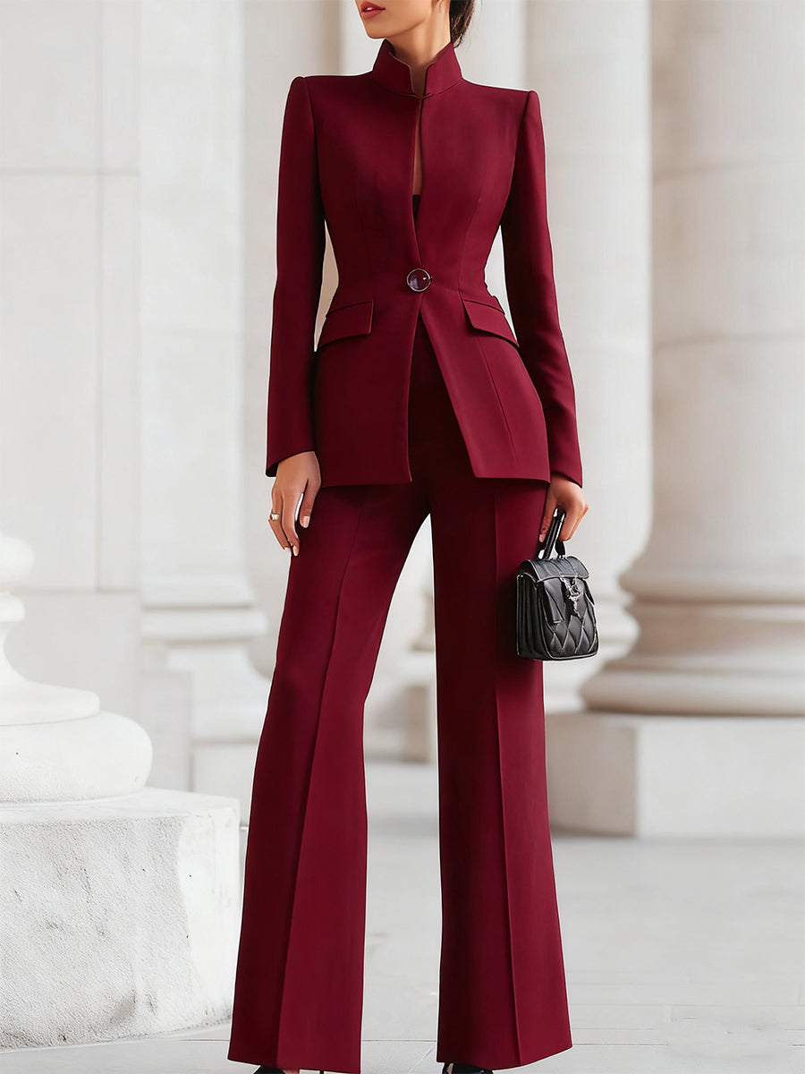 Women's Blazer and Wide-Leg Pants Suit Set with Stand Collar and Single Button