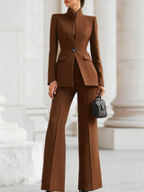Women's Blazer and Wide-Leg Pants Suit Set with Stand Collar and Single Button