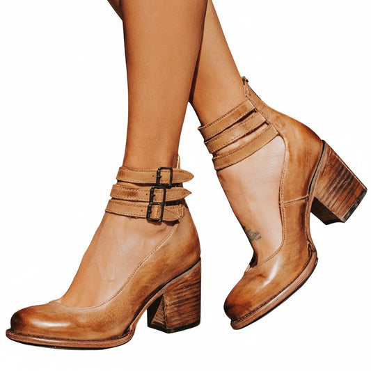 Women's Block Heel Pumps with Double Ankle Strap Buckle Closure