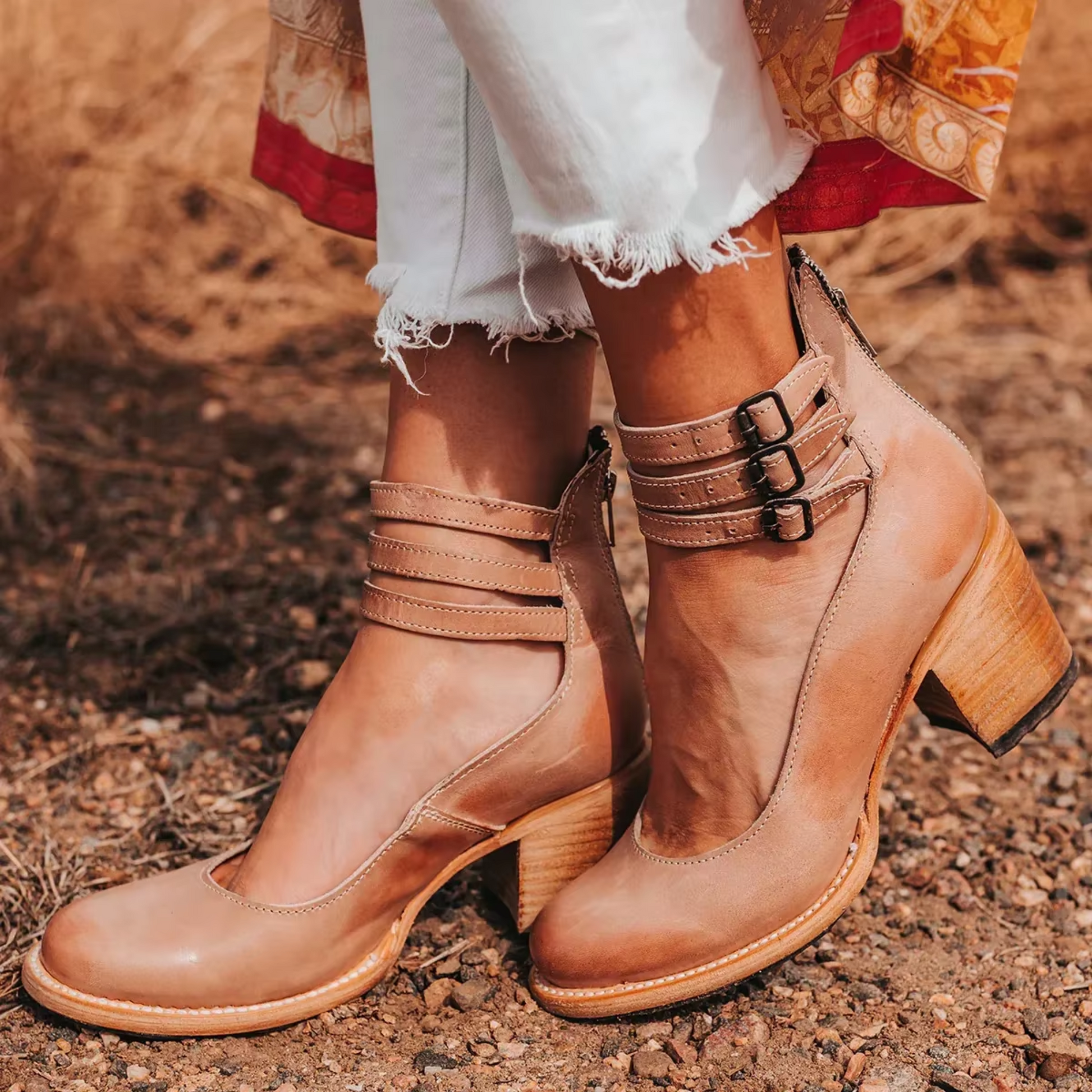 Women's Block Heel Pumps with Double Ankle Strap Buckle Closure