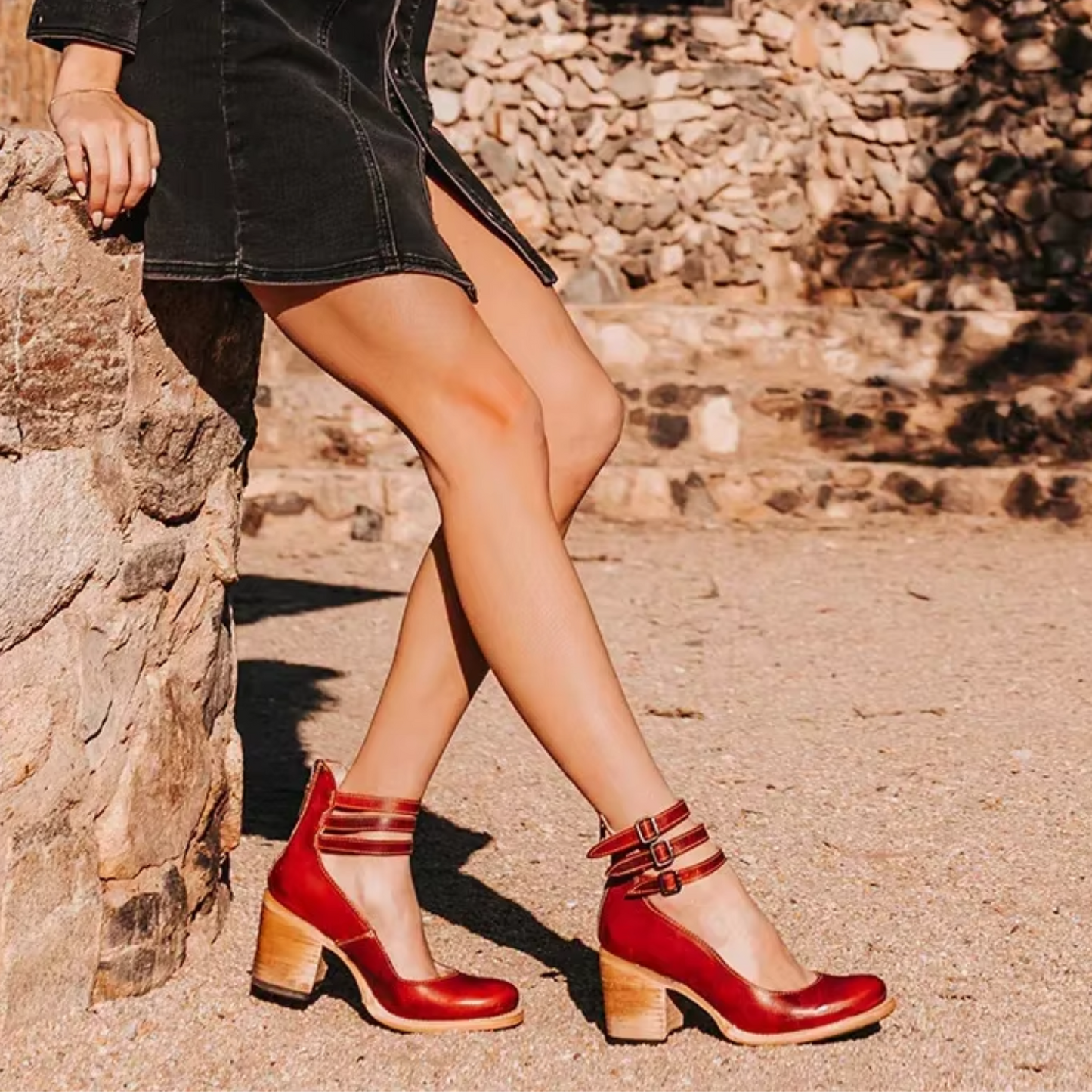 Women's Block Heel Pumps with Double Ankle Strap Buckle Closure