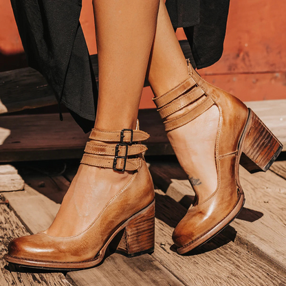 Women's Block Heel Pumps with Double Ankle Strap Buckle Closure