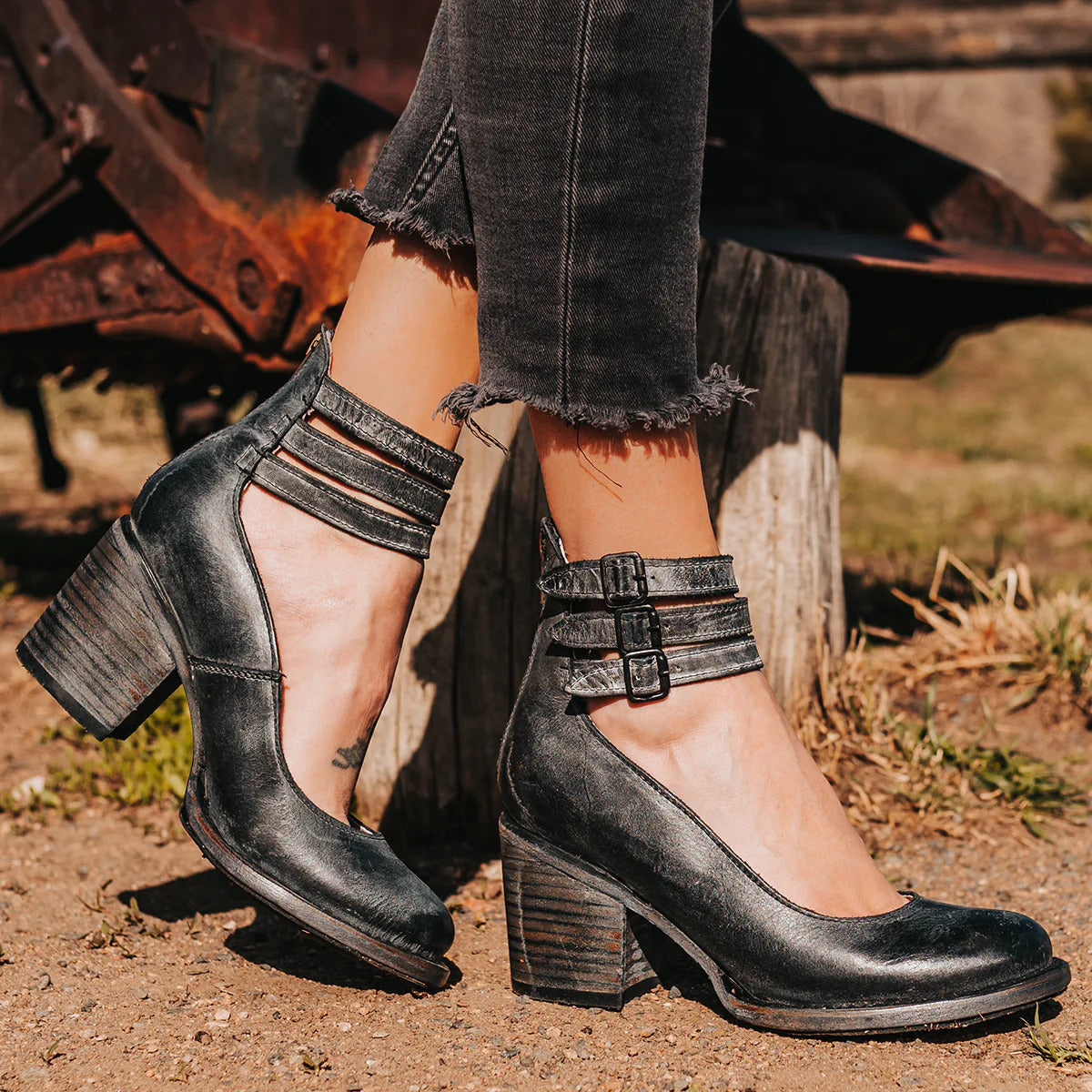 Women's Block Heel Pumps with Double Ankle Strap Buckle Closure