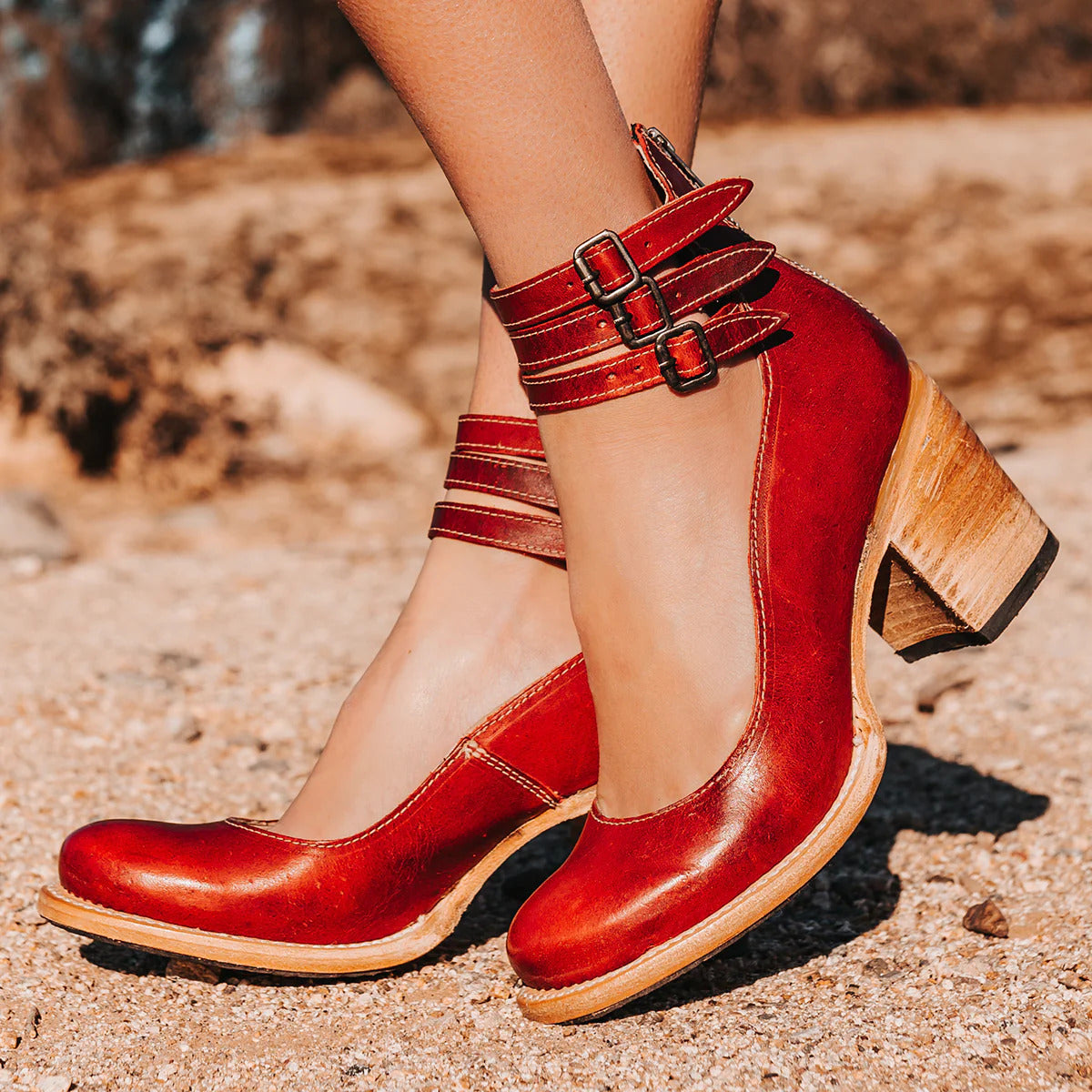 Women's Block Heel Pumps with Double Ankle Strap Buckle Closure