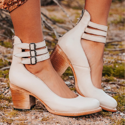 Women's Block Heel Pumps with Double Ankle Strap Buckle Closure