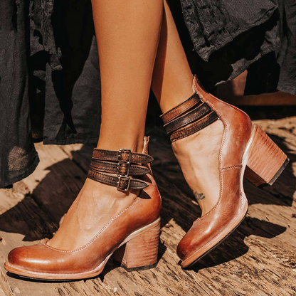 Women's Block Heel Pumps with Double Ankle Strap Buckle Closure