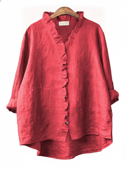 Women's Blouse Long Sleeve with Ruffle V-Neck and Button Closure