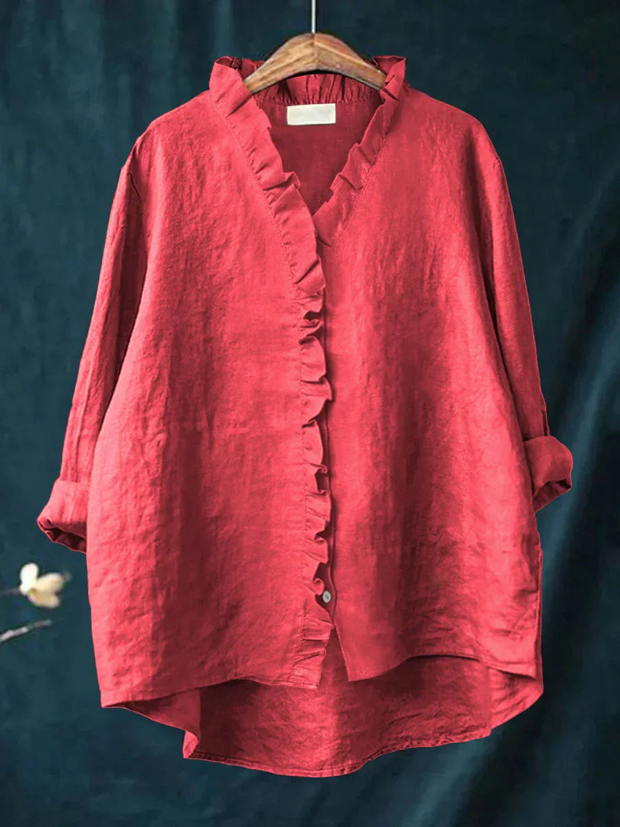 Women's Blouse Long Sleeve with Ruffle V-Neck and Button Closure