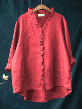Women's Blouse Long Sleeve with Ruffle V-Neck and Button Closure