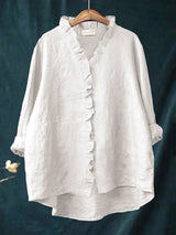 Women's Blouse Long Sleeve with Ruffle V-Neck and Button Closure