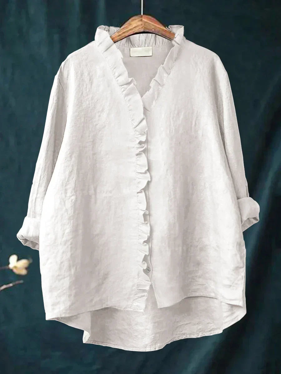 Women's Blouse Long Sleeve with Ruffle V-Neck and Button Closure
