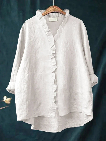Women's Blouse Long Sleeve with Ruffle V-Neck and Button Closure
