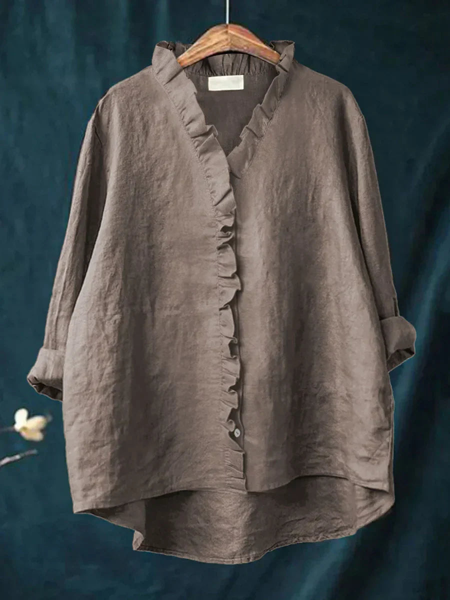 Women's Blouse Long Sleeve with Ruffle V-Neck and Button Closure