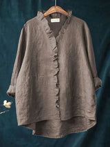 Women's Blouse Long Sleeve with Ruffle V-Neck and Button Closure