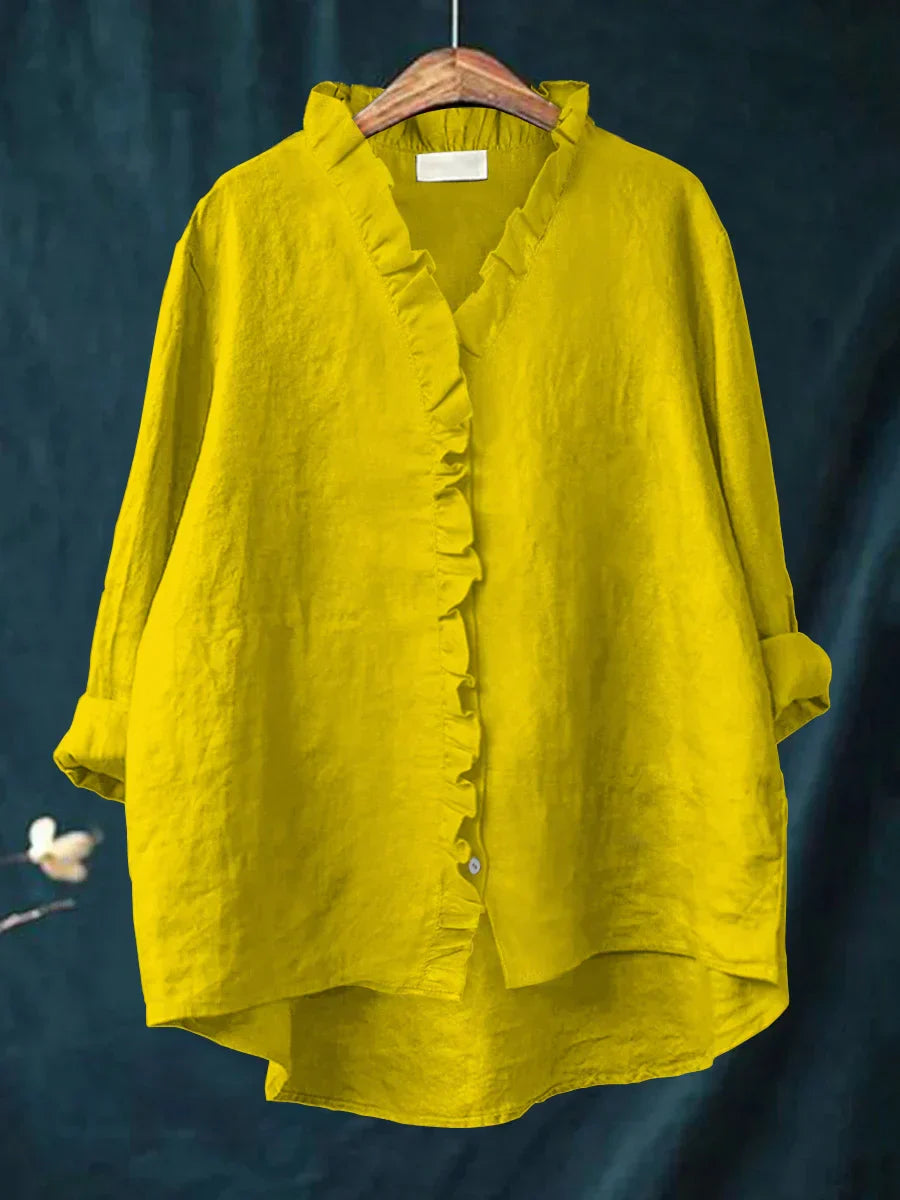 Women's Blouse Long Sleeve with Ruffle V-Neck and Button Closure