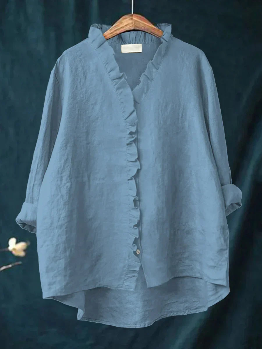 Women's Blouse Long Sleeve with Ruffle V-Neck and Button Closure