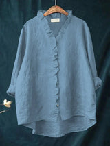 Women's Blouse Long Sleeve with Ruffle V-Neck and Button Closure