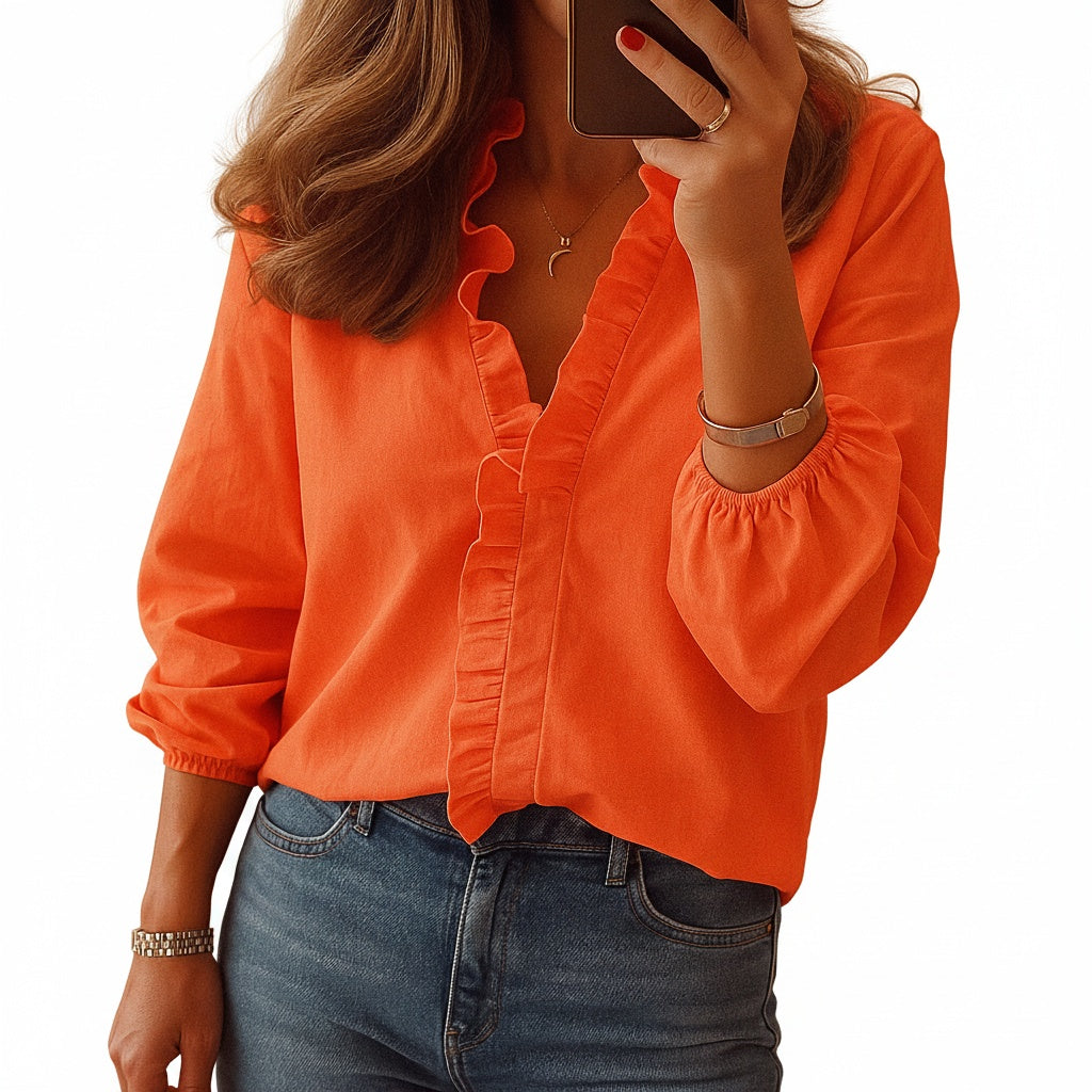 Women's Blouse Long Sleeve with Ruffle V-Neck and Puff Sleeves