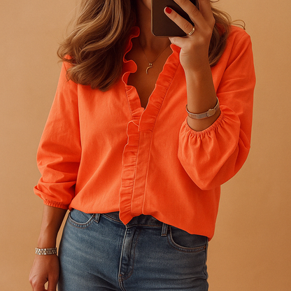 Women's Blouse Long Sleeve with Ruffle V-Neck and Puff Sleeves