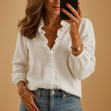 Women's Blouse Long Sleeve with Ruffle V-Neck and Puff Sleeves
