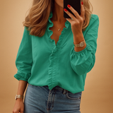 Women's Blouse Long Sleeve with Ruffle V-Neck and Puff Sleeves