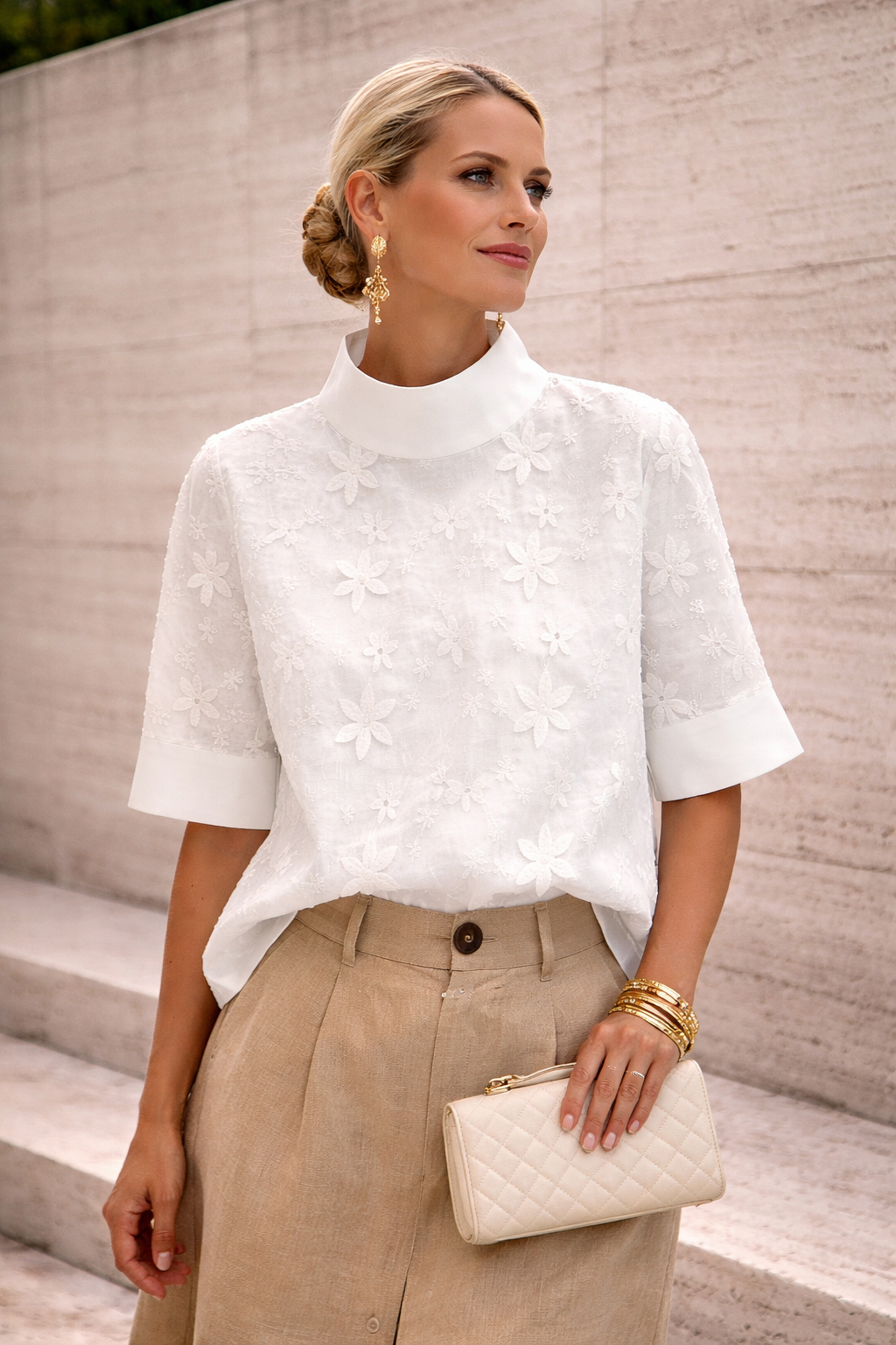 Women's Blouse Short Sleeve with Mock Neck and Floral Embroidery